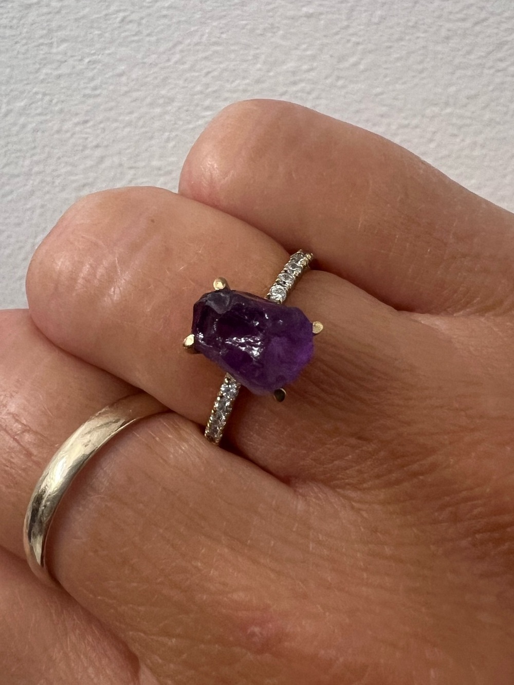 Genuine Raw Amethyst 18K Gold Vermeil Ring With Pavé Band- Size 7